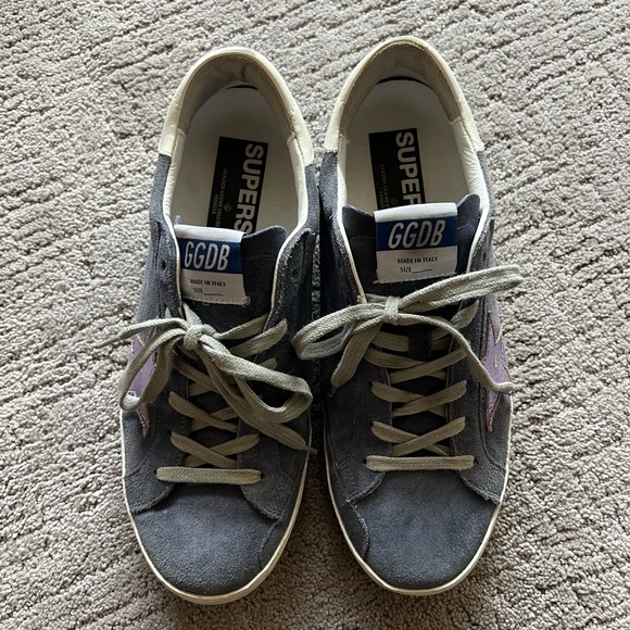 Blue Suede Superstar Sneakers with Purple Star